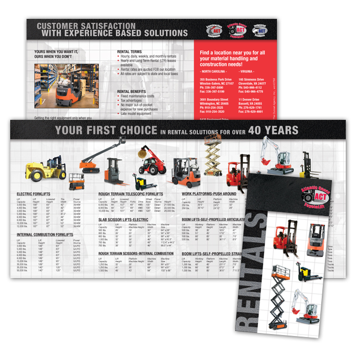 Rental pamphlet showing the dealer's equipment availability and specifications