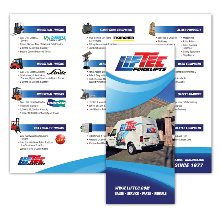 Trifold pamphlet listing material handling items offered by the dealer